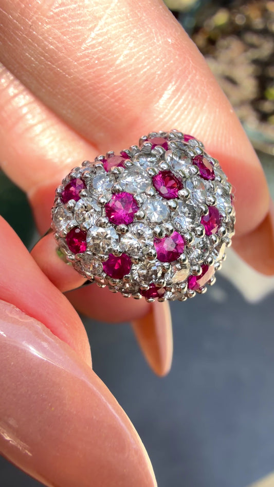Vintage platinum over 1ctw diamond and 1ctw natural ruby heart ring, size 6