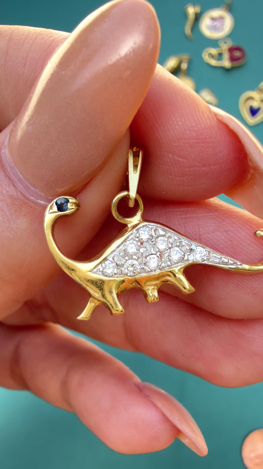Vintage 18K gold sapphire and diamond dinosaur pendant