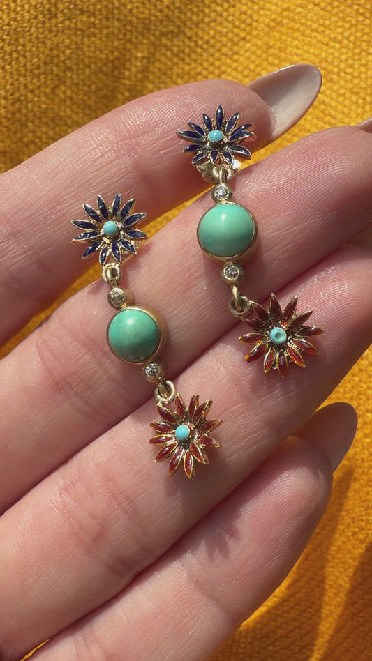 Estate yellow 18K turquoise bezel .05 diamond and enamel floral drop post earrings