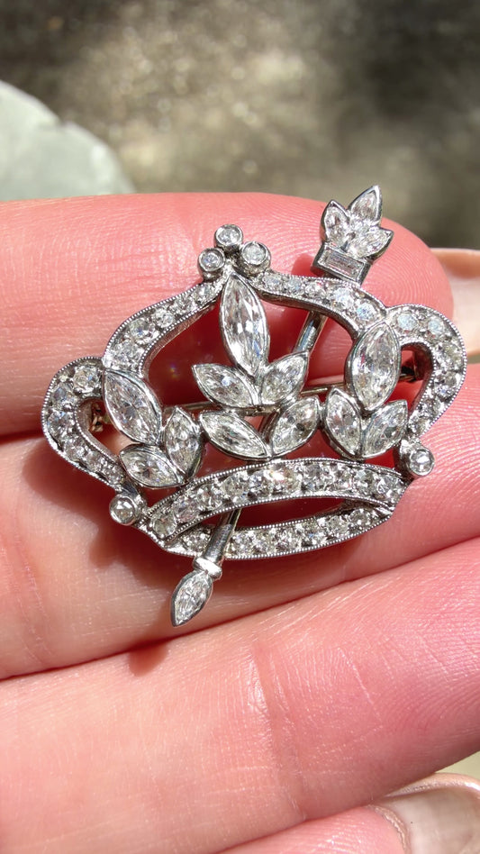 Antique Platinum and 14K gold and approx 2.7 ctw diamond crown pin