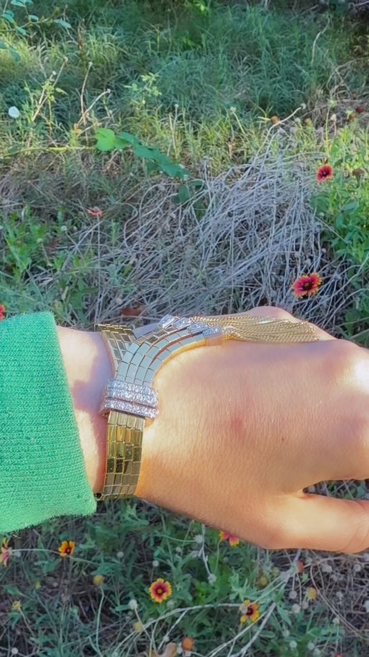 Vintage yellow and white 18K approx 1.4 ctw diamond buckle bar link tassel bracelet, fits 6.25 inch wrist or smaller